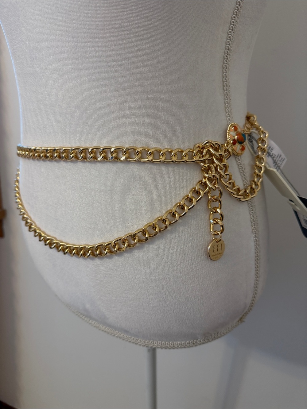 NWT, Haute Hippee, Gold Double-Chain Waist Belt with Enamel Charm M/L